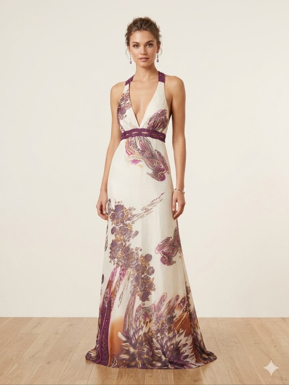 Aspeed Ivory and Purple Halter Maxi Dress